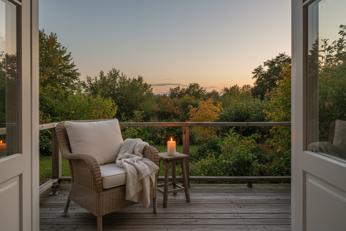 A wooden porch at dusk, a candle flickering beside a chair with a soft blanket, garden beyond in the last of the evening light.