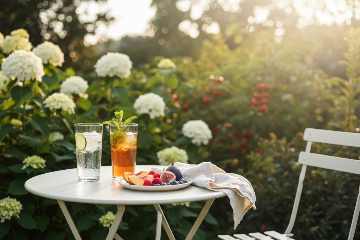 A white bistro table in a summer garden with two cold drinks.