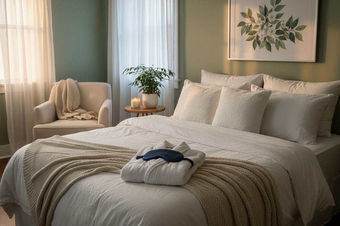 A cozy bedroom sanctuary with sage green walls, plush white bedding, a bathrobe and sleep mask on the bed, a cream armchair with a throw in the corner, and soft evening light through sheer curtains.