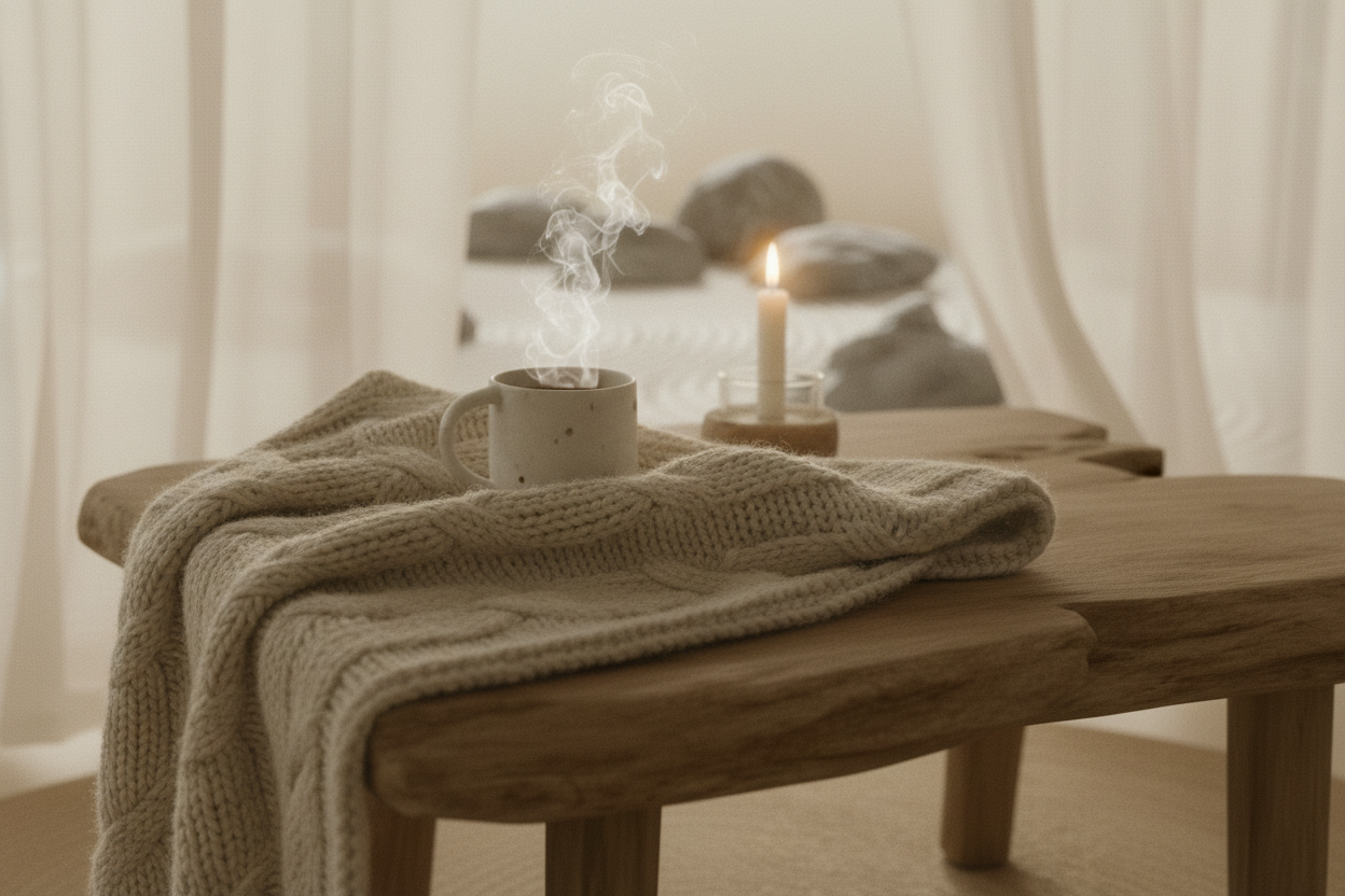 A chunky cream knit blanket with a steaming ceramic mug of tea nestled in the folds, a lit candle glowing softly behind, sheer curtains and warm light in the background.