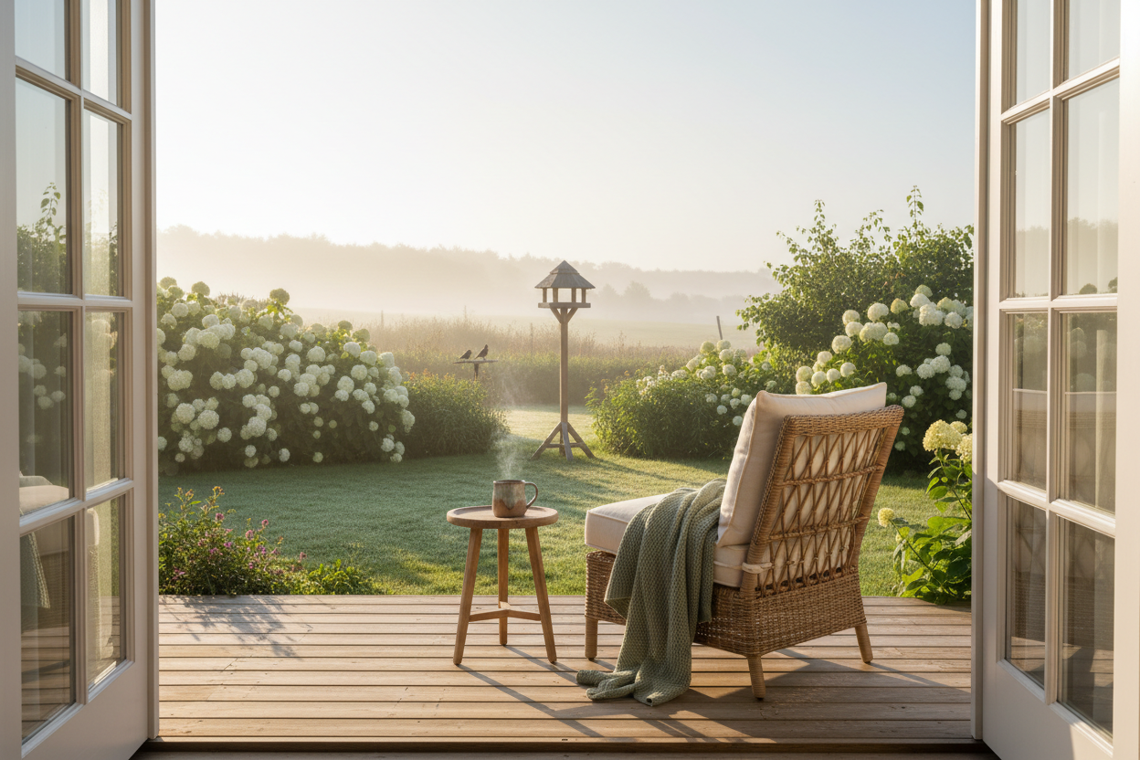 A wicker chair with soft linen cushions and a sage green throw on a wooden deck, facing outward toward a misty summer garden with white hydrangeas and dewy green lawn, a small wooden side table.