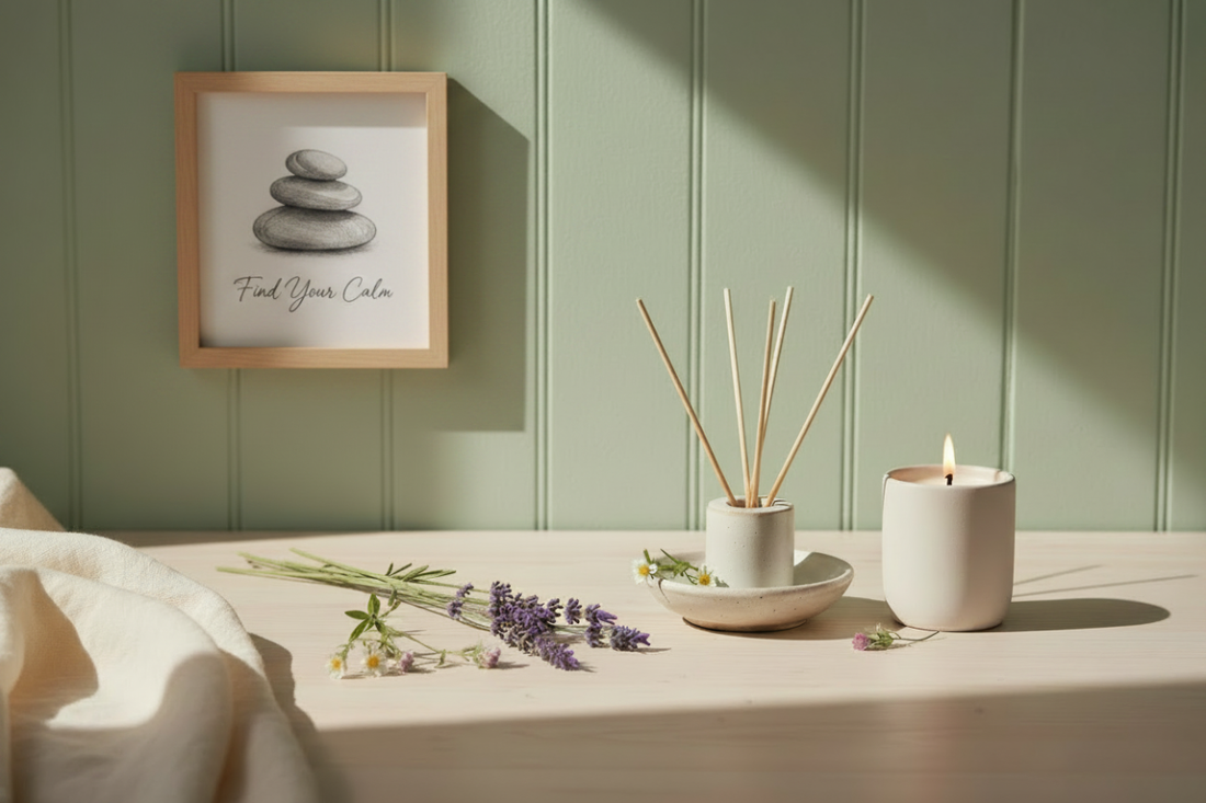 Reed diffuser, lit ceramic candle, lavender and wildflowers on a wood shelf against sage green walls — creating a personal calm routine