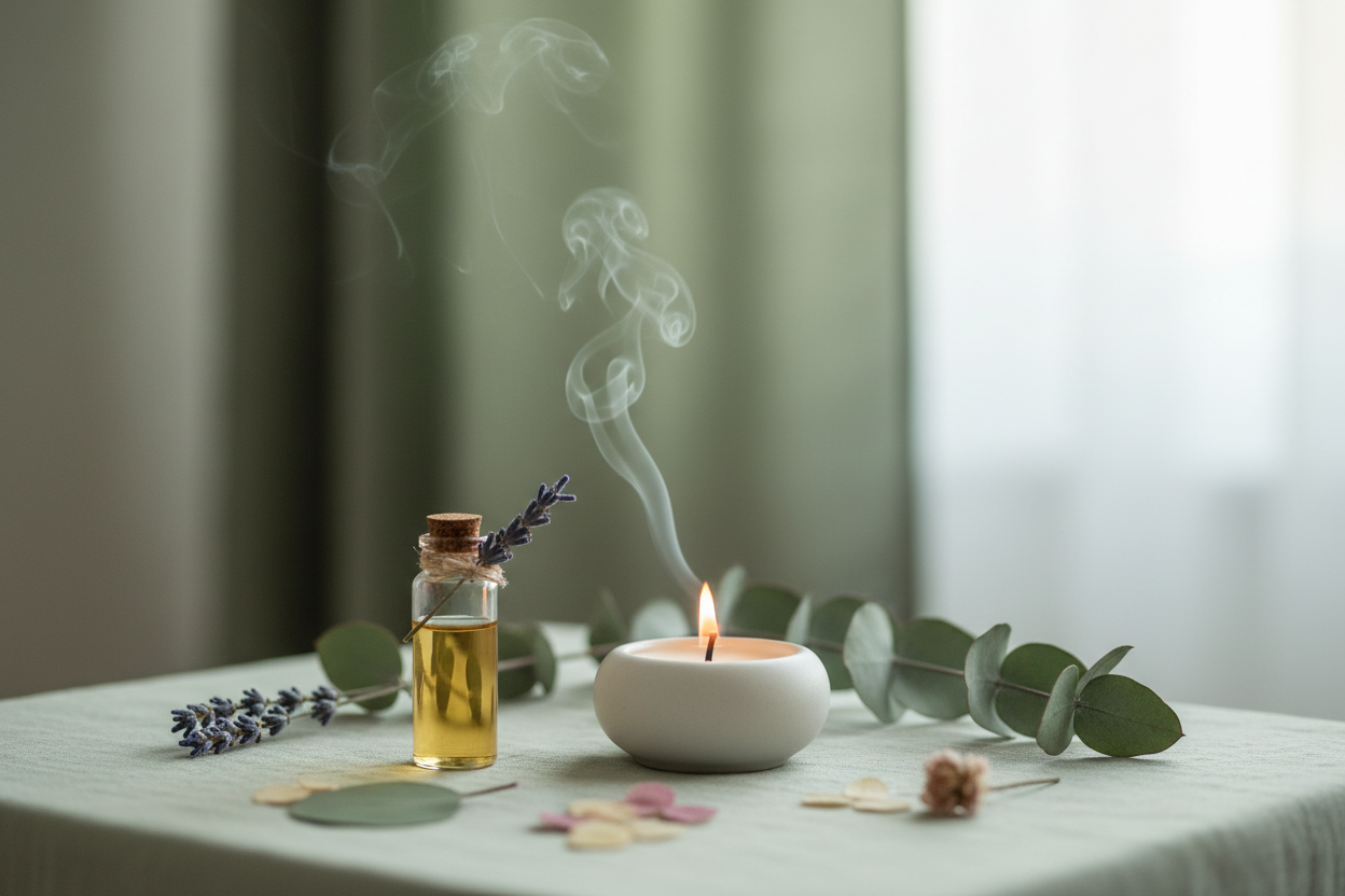 A lit candle in a white ceramic holder with wisps of smoke rising, beside a small glass bottle of essential oil tied with lavender sprigs, surrounded by eucalyptus branches and dried botanicals on a soft sage green surface