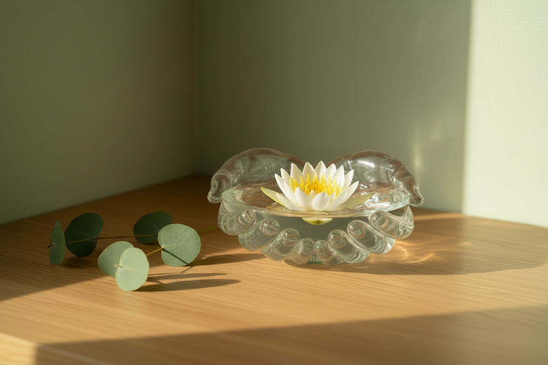 A glass hand-shaped bowl with a white lotus flower floating in water, placed on an oak surface in a sage green corner nook