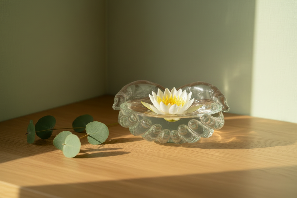 A glass hand-shaped bowl with a white lotus flower floating in water, placed on an oak surface in a sage green corner nook