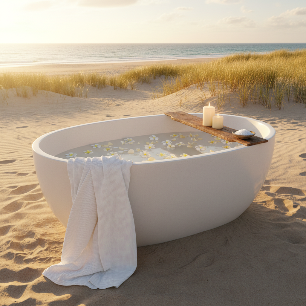 White soaker tub on a sandy beach at golden hour with floating petals, draped bathrobe, and candles on a wooden tray.