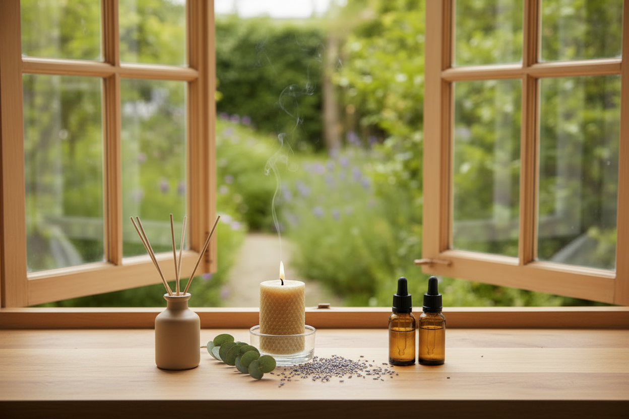 Reed diffuser, beeswax candle, eucalyptus sprig, and amber essential oil bottles on a warm wood windowsill with open wooden window frames overlooking a lush garden
