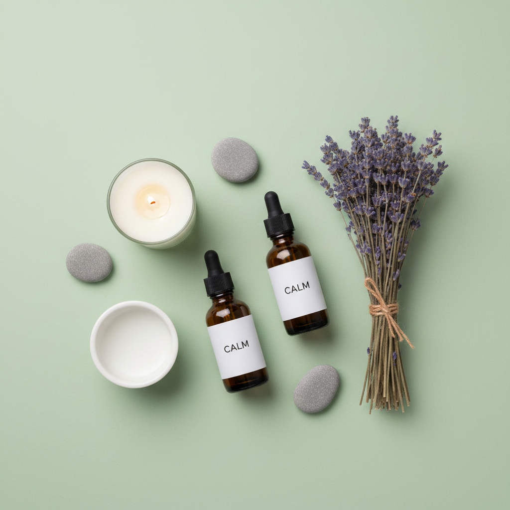 Flat lay of a lit soy candle, essential oil dropper bottles, a ceramic diffuser with steam, dried lavender and zen stones on a sage green background