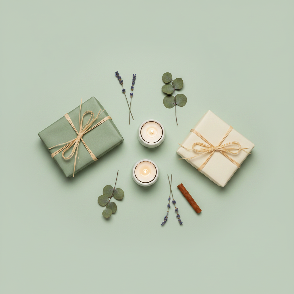 Flat lay of sage green and cream wrapped gift boxes, tealight candles, dried lavender and eucalyptus on a sage green background