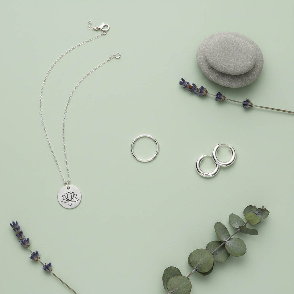 Flat lay of a sterling silver necklace, silver hoop earrings, a meditation ring, zen stones and dried botanicals on a sage green background