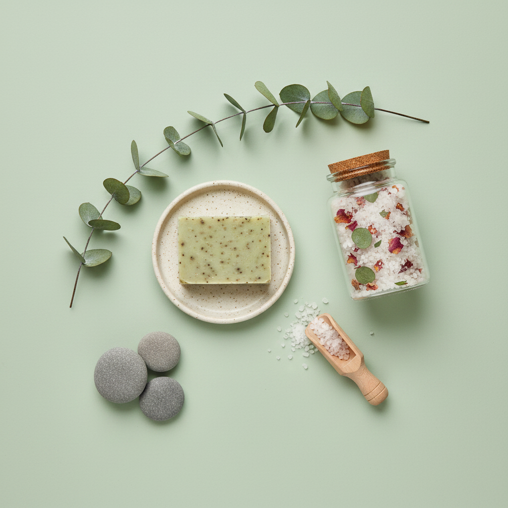 Overhead flatlay of self-care essentials — herbal bar soap on a ceramic dish, bath salts with dried rose petals, a wooden scoop with sprinkled salts, smooth river stones, and fresh eucalyptus branches on a sage green linen background