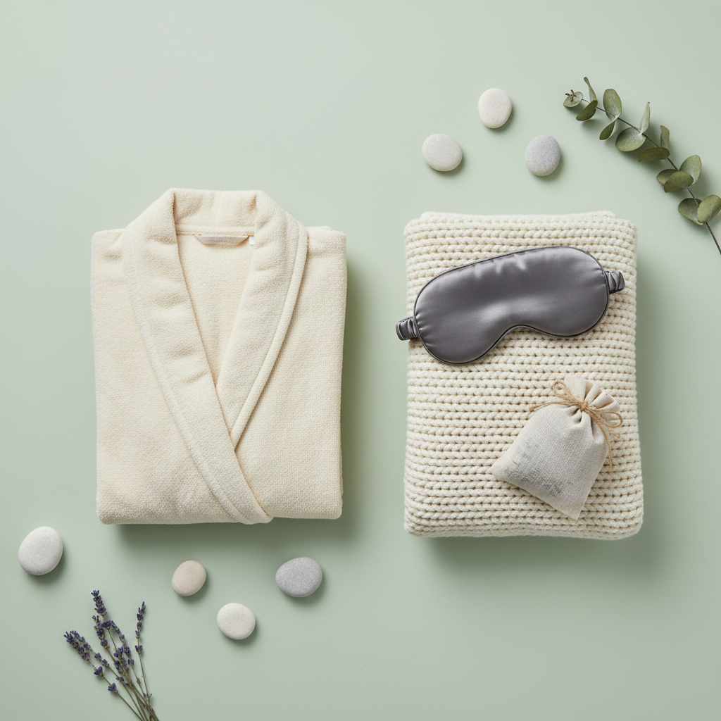 Flat lay of a folded cream robe, knit blanket, silk sleep mask, lavender sachet and zen stones on a sage green background