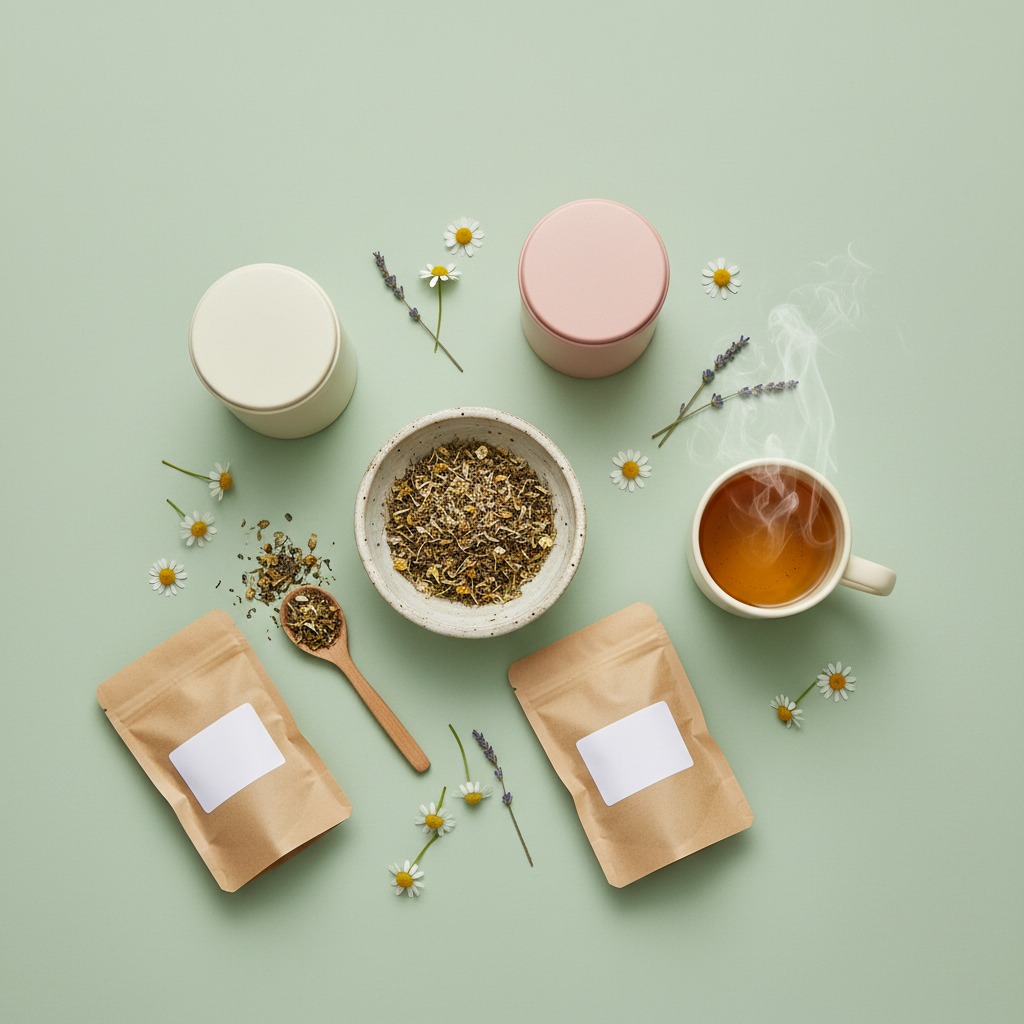 Flat lay of a steaming ceramic tea cup, loose leaf tea, tea pouches and dried chamomile flowers on a sage green background
