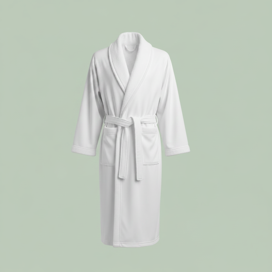 Skylark and Owl spa robe in white — soft waffle knit bathrobe for home spa — Sensory for Calm