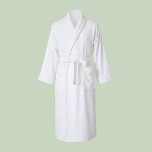 Skylark and Owl spa robe in white,front view with shawl collar, cuffs, waist belt, two pockets — soft plush bathrobe for home spa — Sensory for Calm