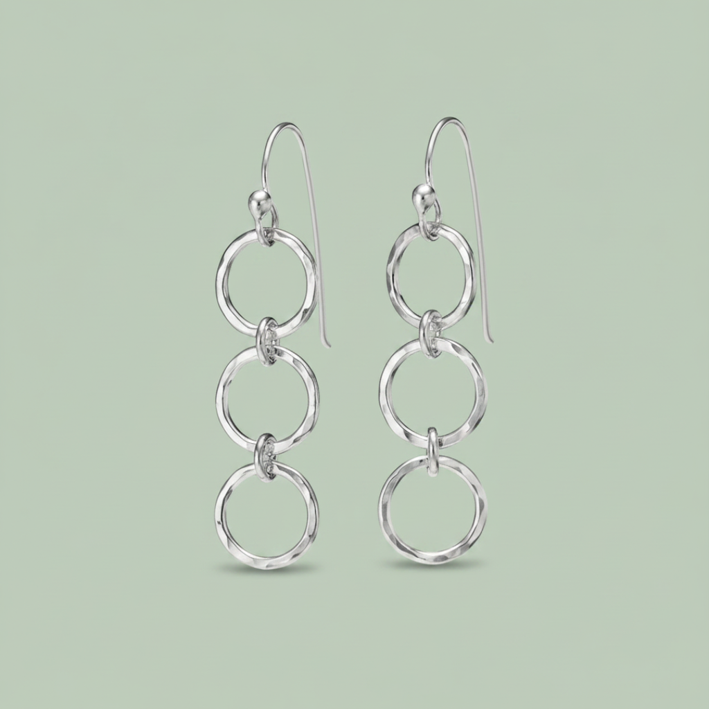 Breathe Trio Drop Earrings sterling silver three circle drop earrings — minimalist jewellery — Sensory for Calm