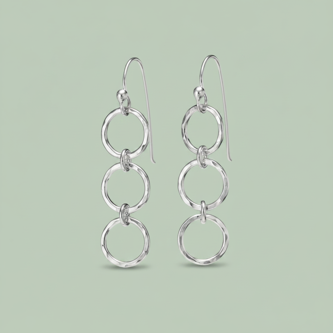 Breathe Trio Drop Earrings sterling silver three circle drop earrings — minimalist jewellery — Sensory for Calm