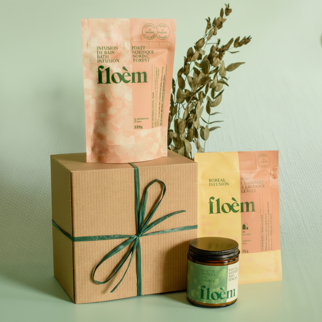 Floèm Nordic Spa gift box with herbal tea pouch amber candle and kraft box with teal ribbon — Canadian wellness gift — Sensory for Calm
