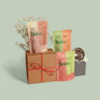 Floèm Origine herbal tea gift set with pink and green tea pouches kraft box and tea strainer — Canadian tea gift — Sensory for Calm