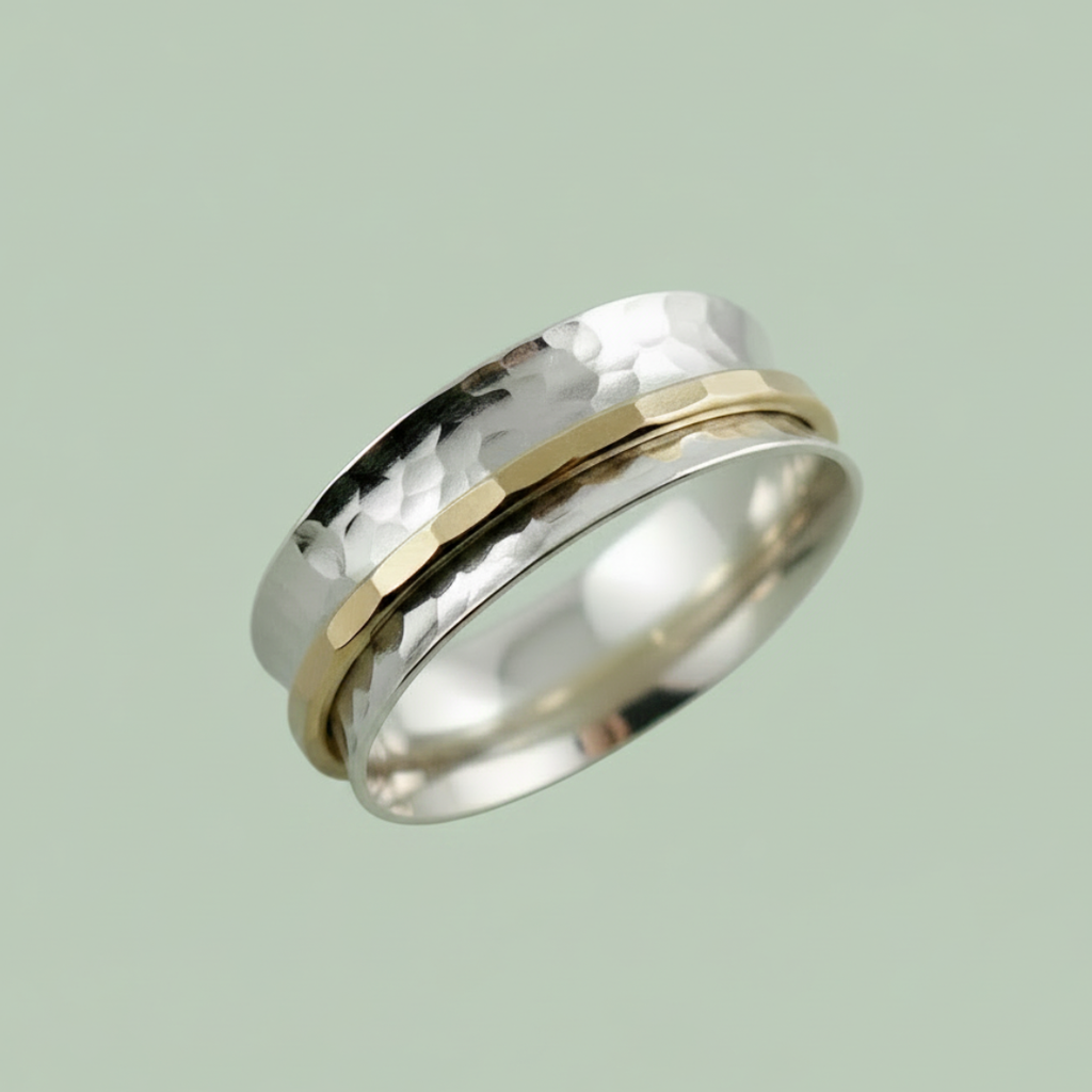 Hammer Textured Meditation Ring sterling silver with 14K gold fill spinner band — anxiety relief fidget ring — Sensory for Calm