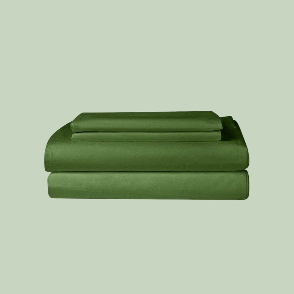 Essential Organic Percale sheet set in leaf green — organic cotton bedding — Sensory for Calm
