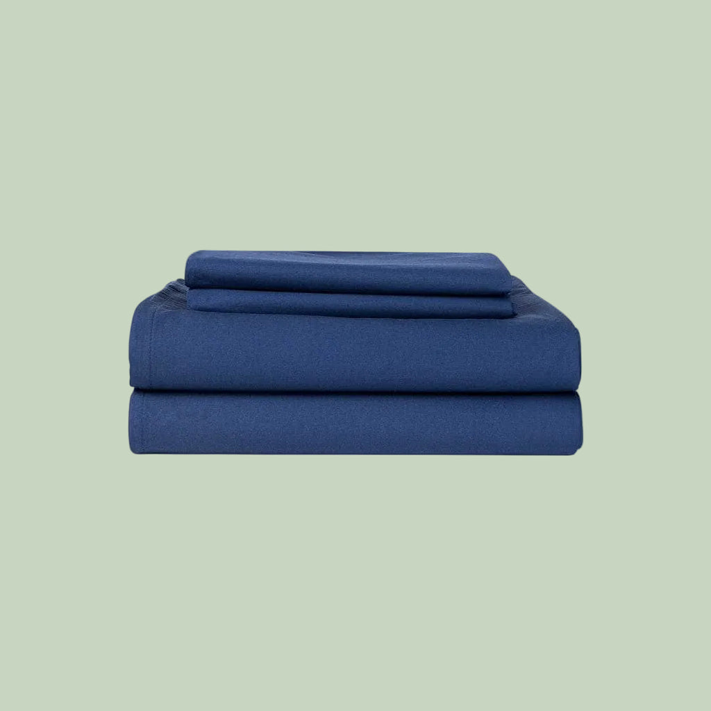 Essential Organic Percale sheet set in navy — organic cotton bedding — Sensory for Calm