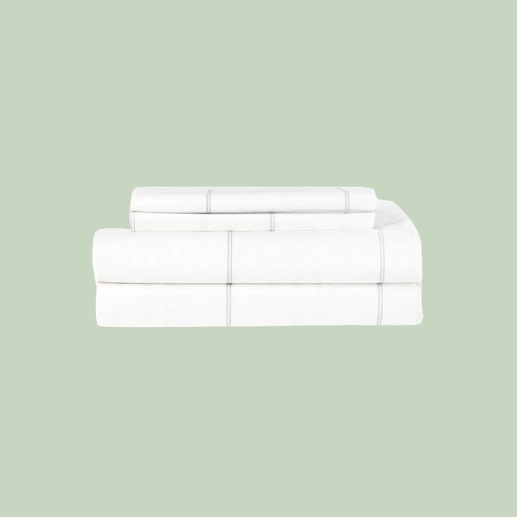 Essential Organic Percale sheet set in light grey frame — organic cotton bedding — Sensory for Calm