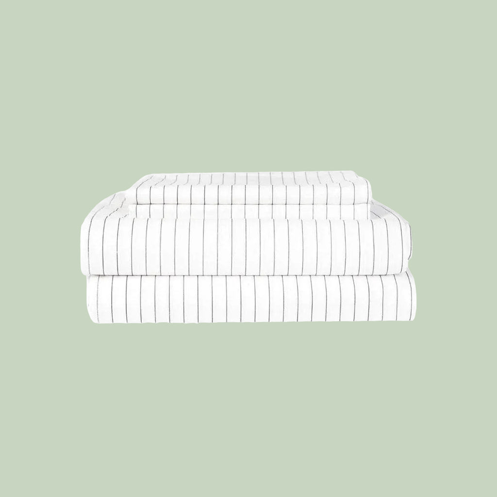 Essential Organic Percale sheet set in navy stripe — organic cotton bedding — Sensory for Calm