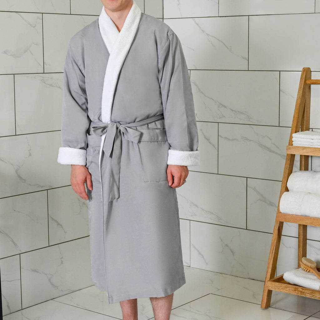 Skylark and Owl spa robe in light grey full length — soft bathrobe — Sensory for Calm