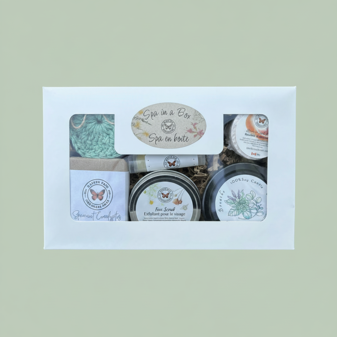 Spa in a Box gift set with lip balm, soy candle, facial scrub, bar soap, facial scrubbies, and a bath/shower puck — Canadian spa gift — Sensory for Calm