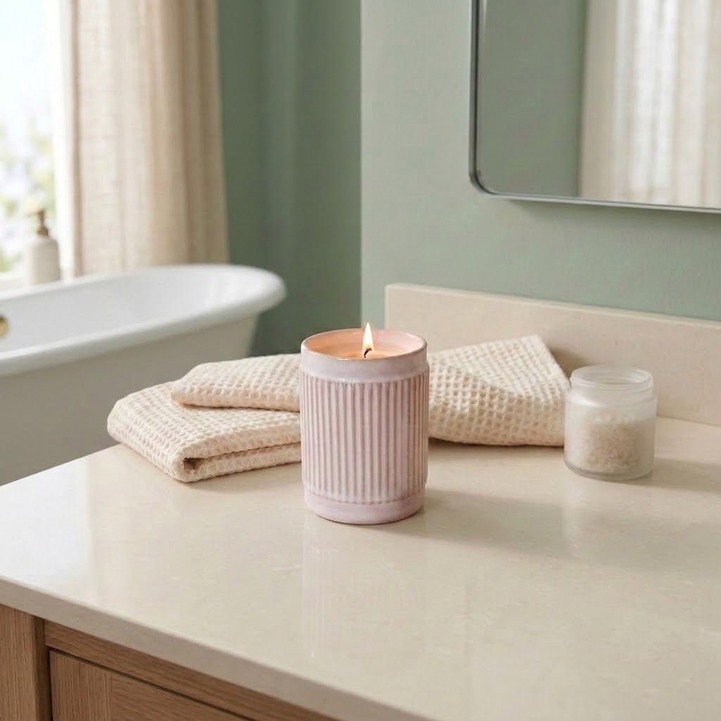 Ambre soy candle on a bathroom counter in a clean, minimal spa-inspired setting.