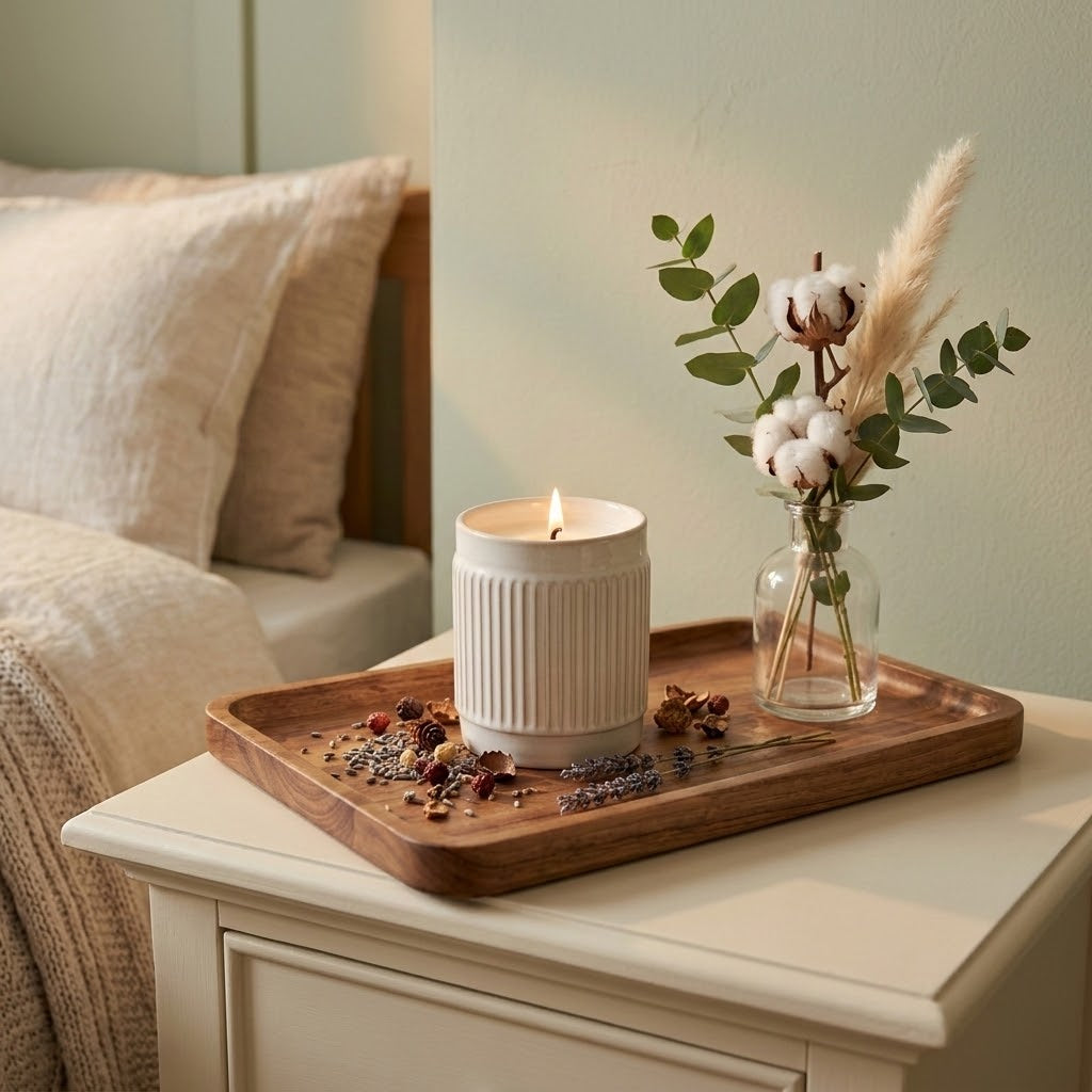 Ambre soy candle on a wooden tray on a bedside table in a calm, neutral bedroom.