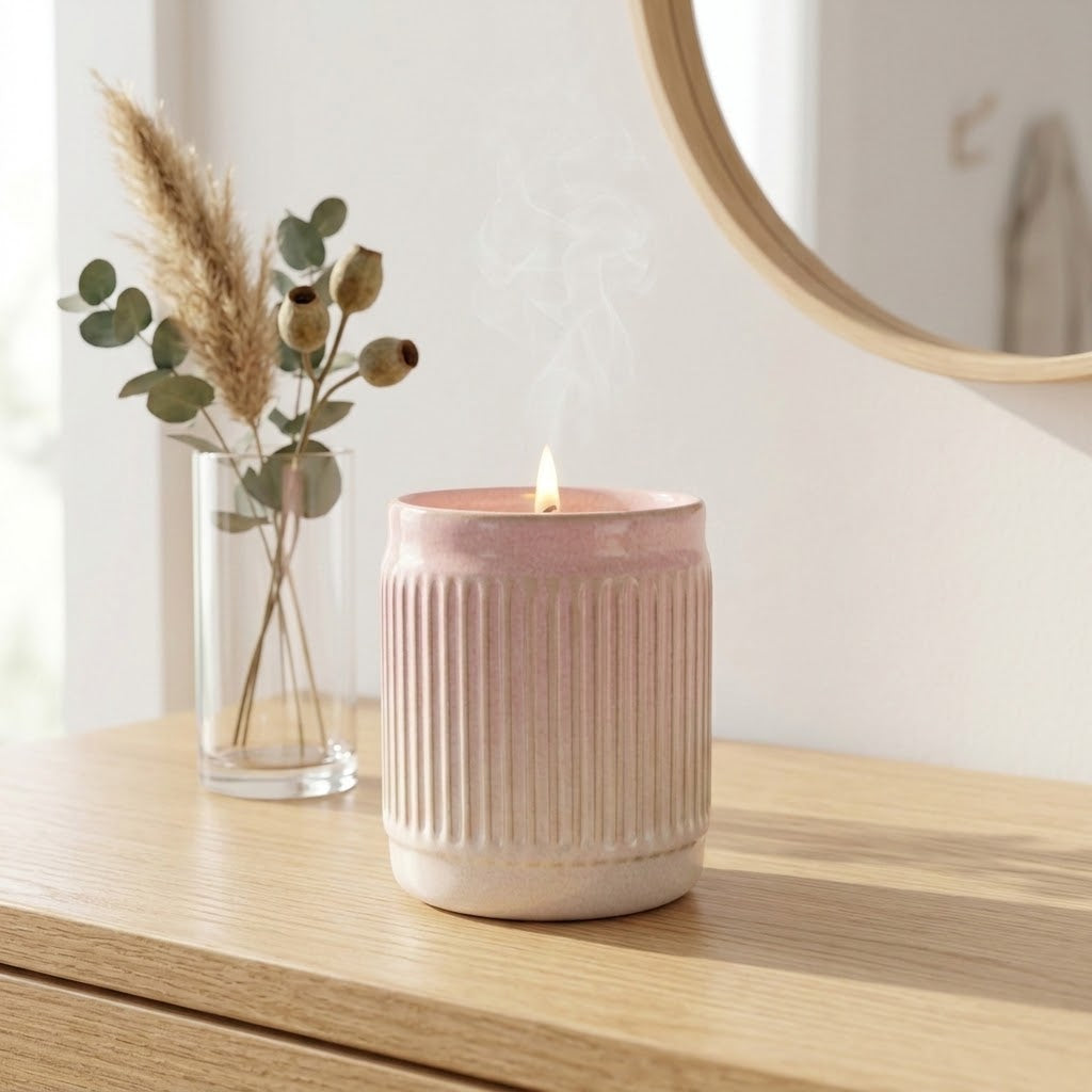 Ambre soy candle styled with a botanical stem and ceramic vase in a minimal entranceway.