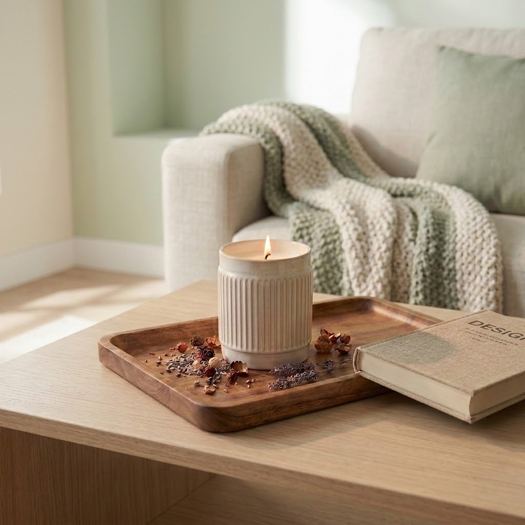 Ambre soy candle on a wooden tray beside an open book in a calm reading nook.