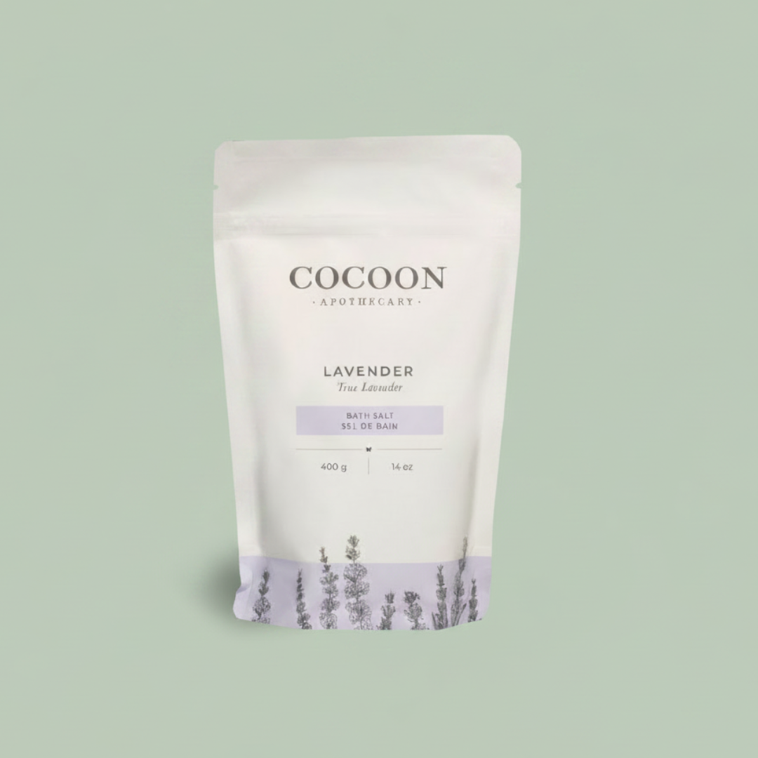 Cocoon Apothecary Lavender Bath Salts in white resealable pouch — natural relaxation and stress relief — Sensory for Calm
