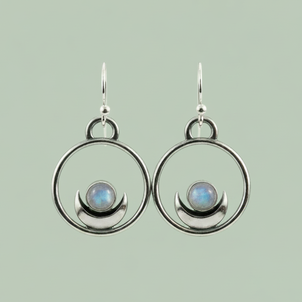 Dream Earrings circle hoop sterling silver with crescent moon and rainbow moonstone — minimalist gemstone earrings — Sensory for Calm