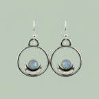 Dream Earrings circle hoop sterling silver with crescent moon and rainbow moonstone — minimalist gemstone earrings — Sensory for Calm