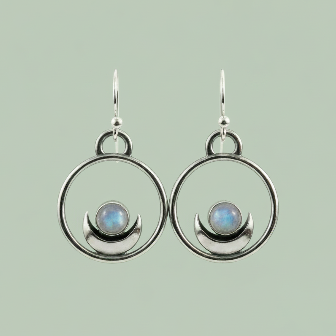 Dream Earrings circle hoop sterling silver with crescent moon and rainbow moonstone — minimalist gemstone earrings — Sensory for Calm