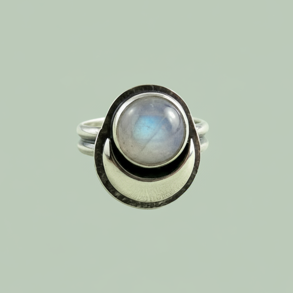 Dream Ring sterling silver rainbow moonstone ring with crescent setting — minimalist gemstone ring — Sensory for Calm