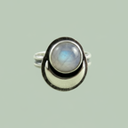 Dream Ring sterling silver rainbow moonstone ring with crescent setting — minimalist gemstone ring — Sensory for Calm
