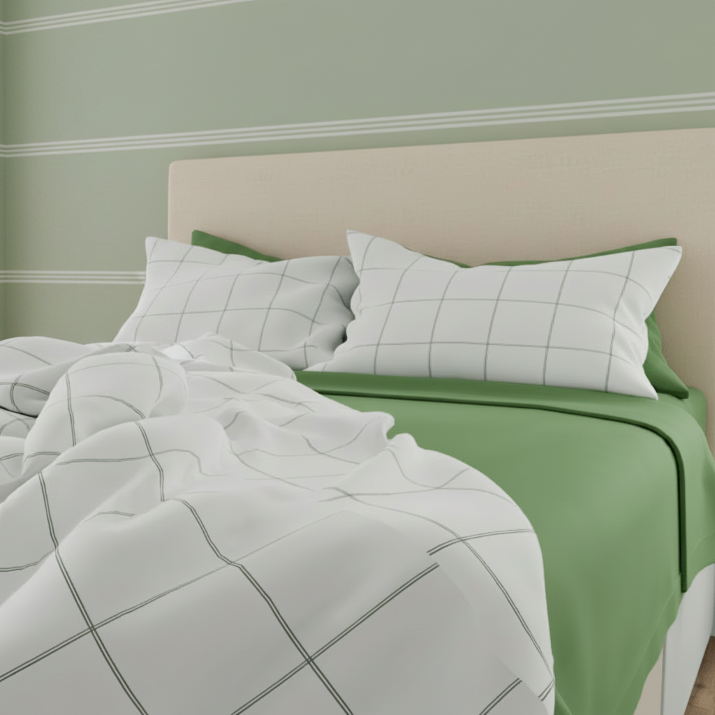 Essential sleep sanctuary — percale sheet set, duvet cover and pillowcase set, down alternative duvet, and pillows styled on bed with sage green and white — Sensory for Calm