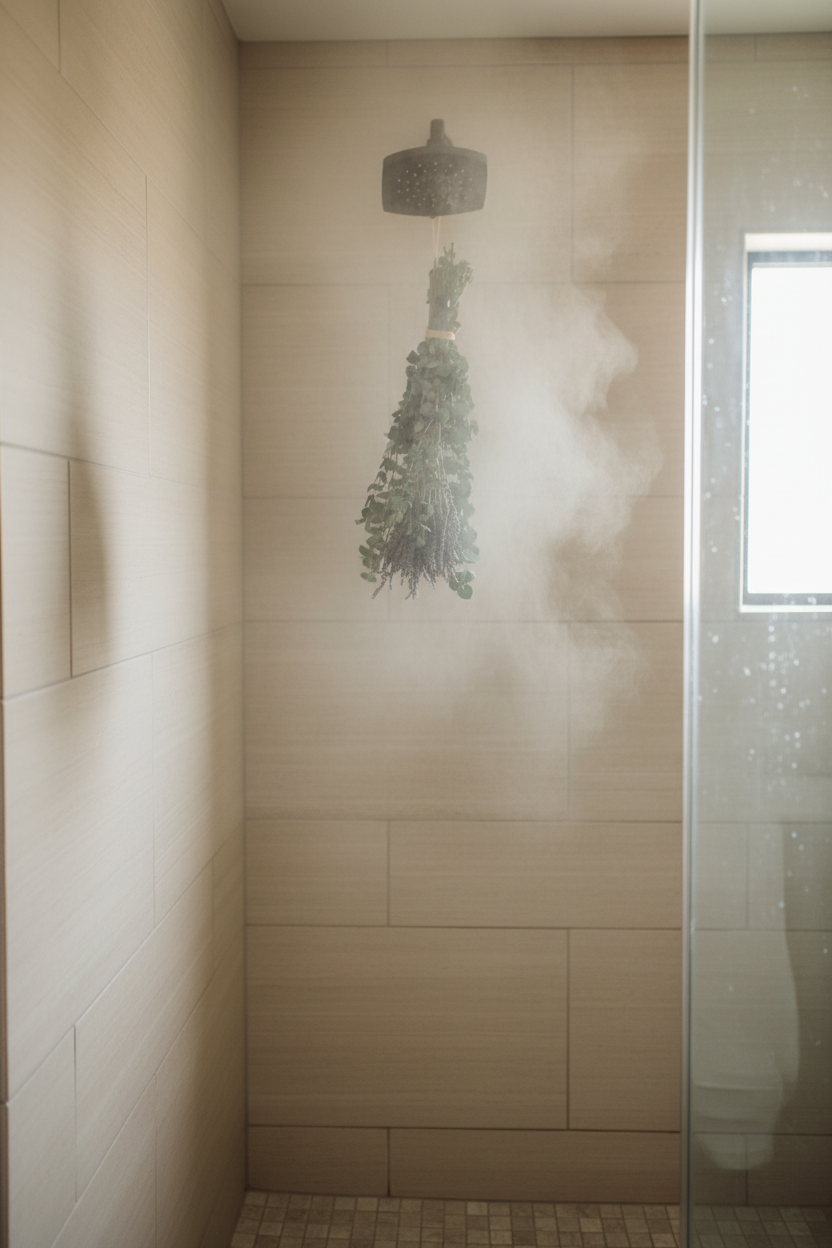 Eucalyptus and lavender shower bundle hanging in a steamy walk-in shower with glass door — Sensory for Calm