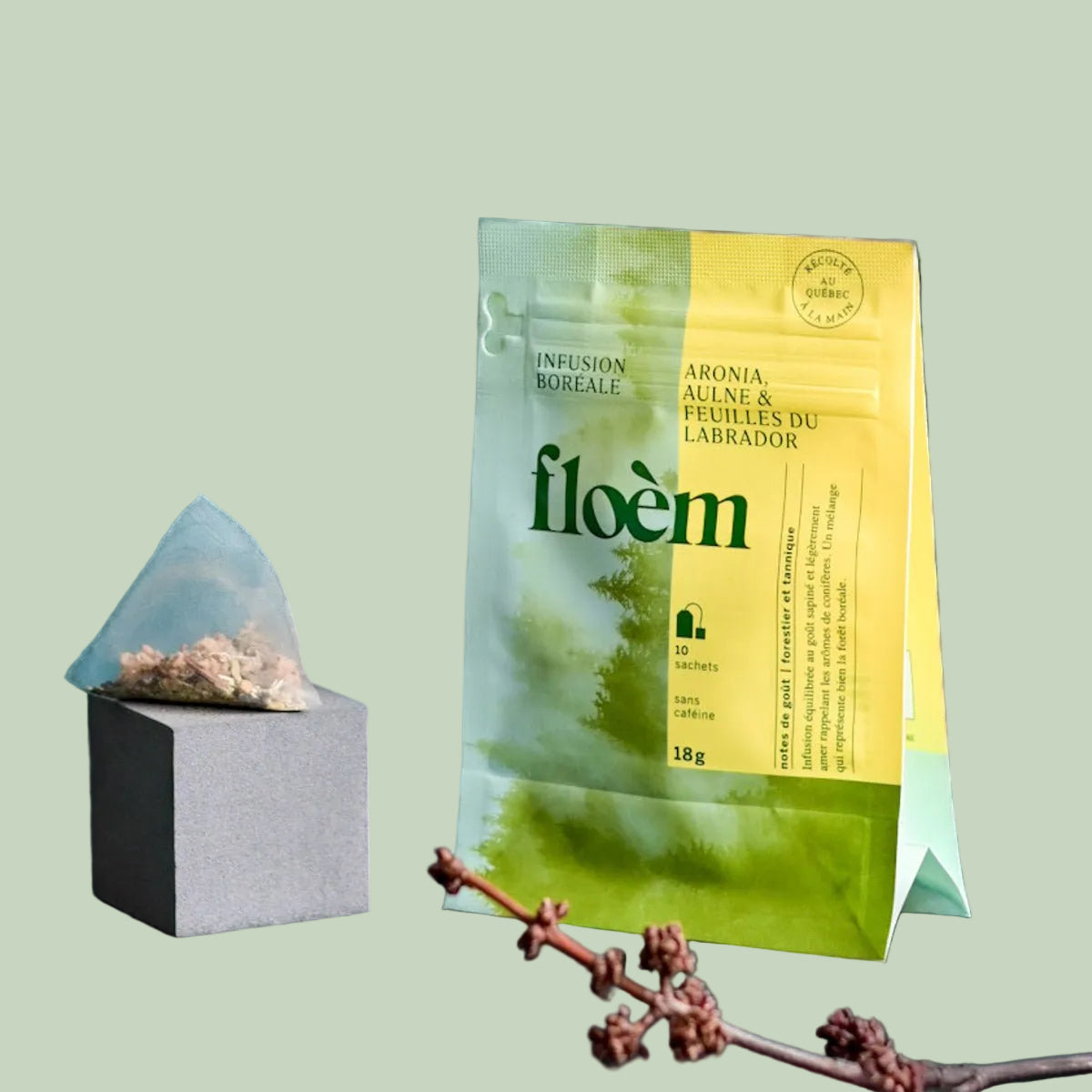 Floem Aronia, Alder & Labrador Leaves boreal herbal tea bag and package with a branch on a sage green background — Sensory for Calm