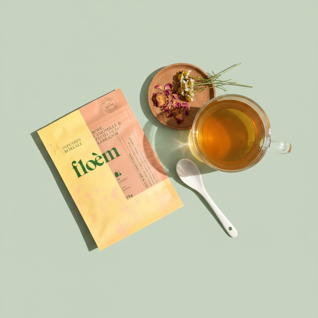 A glass cup of golden herbal tea beside a Floem tea packag eon a sage green background, styled as a calm wellness ritual — Sensory for Calm