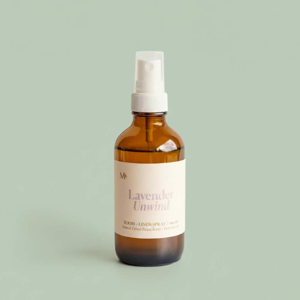 Misiyo Lavender Unwind room and linen spray in amber glass bottle with white pump — natural room & linen spray — Sensory for Calm