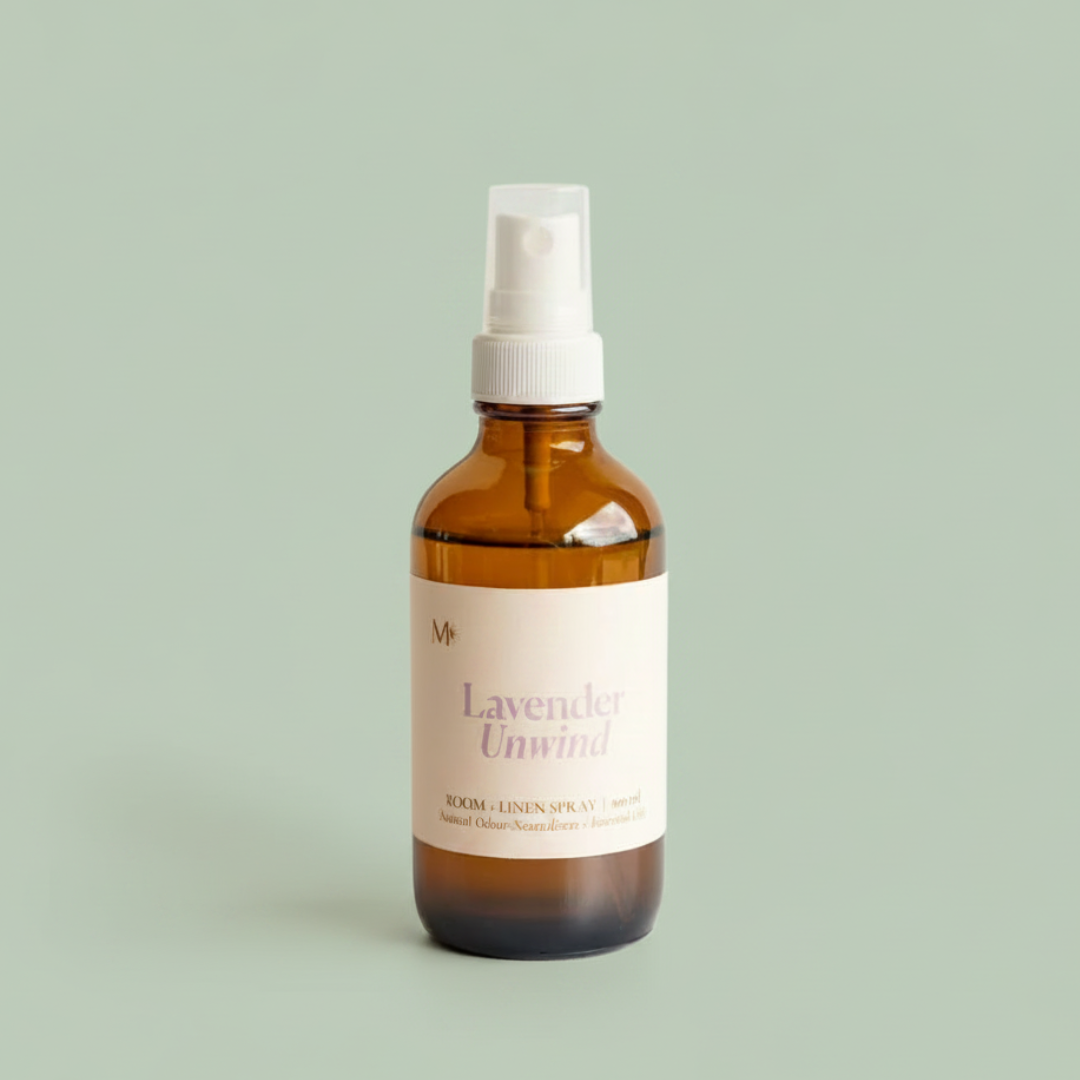 Misiyo Lavender Unwind room and linen spray in amber glass bottle with white pump — natural room & linen spray — Sensory for Calm