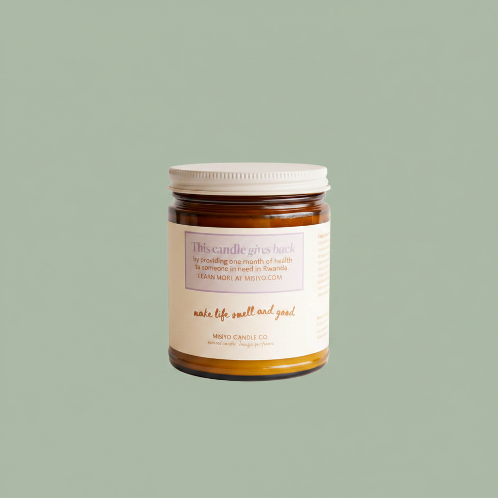 Misiyo Lavender Unwind candle amber jar with white lid on sage background — glass candle — Sensory for Calm