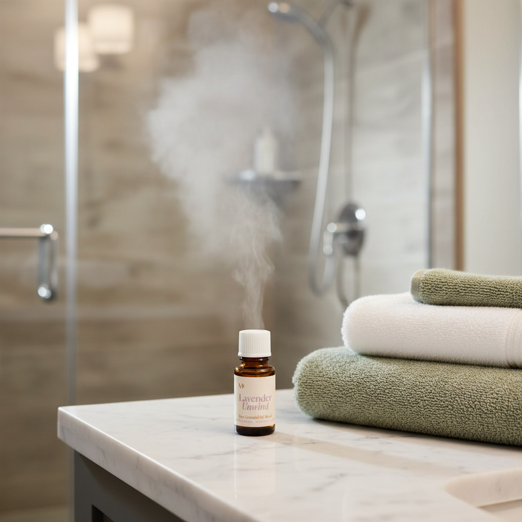 Lavender Unwind Essential Oil Blend Bathroom with Towels