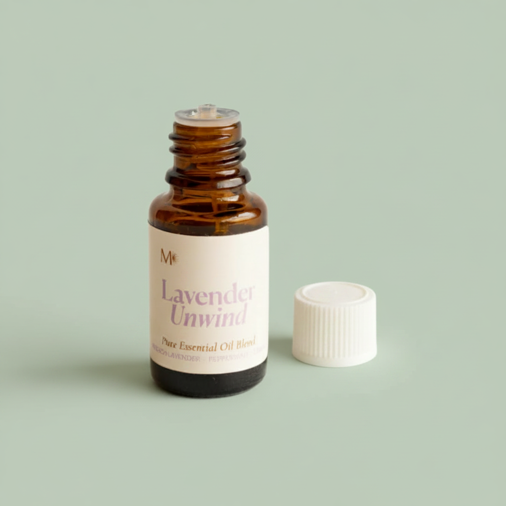 Misiyo Lavender Unwind essential oil bottle with cap beside it on sage background — pure essential oil blend — Sensory for Calm
