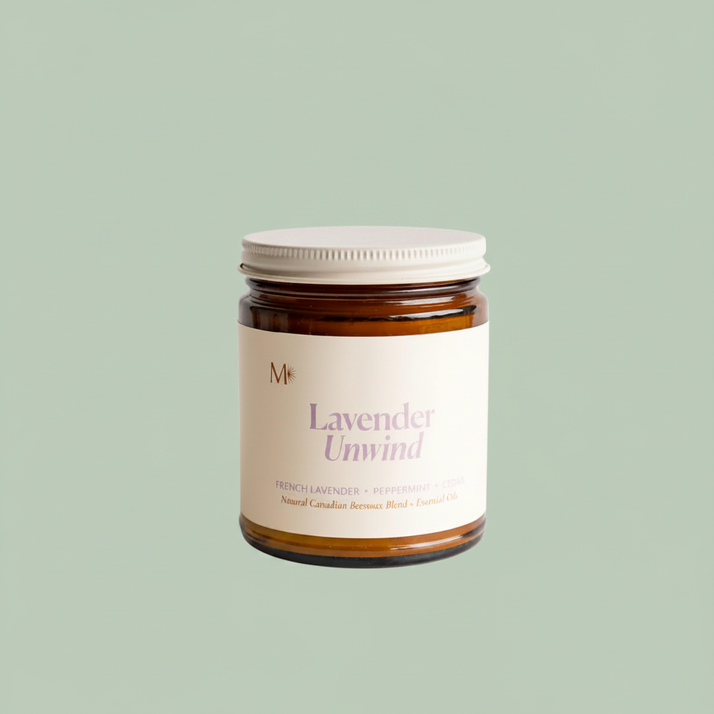 Misiyo Lavender Unwind candle label close-up on sage background — lavender scented soy candle — Sensory for Calm